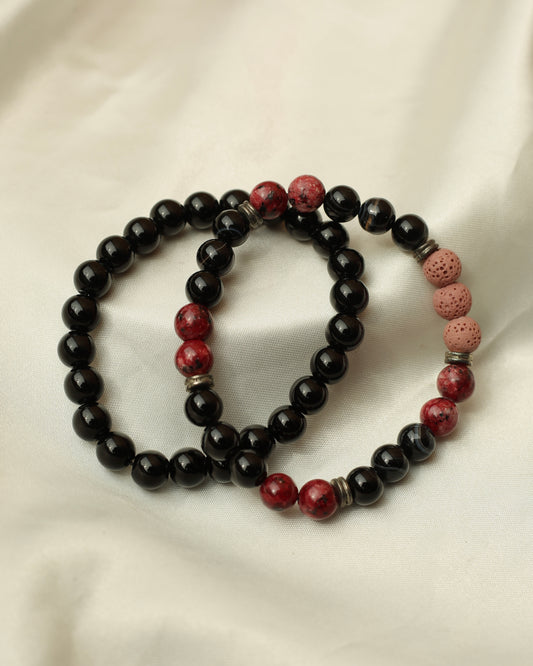 Duo de bracelets Agate, Jaspe, Onyx & Pierre de Lave